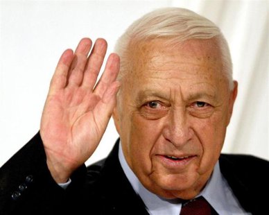 Israeli Prime Minister Ariel Sharon gestures at the end of his Likud Party's women conference in Tel Aviv in this March 10, 2005 file photo. Israeli Prime Minister Ariel Sharon gestures at the end of his Likud Party's women conference in Tel Aviv in this March 10, 2005 file photo.