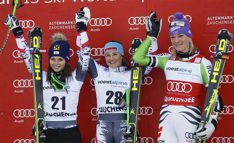 Anna Fenninger and Elisabeth Goergl of Austria and Germany's Riesch (LtoR) stand on the podium after the World Cup Women's Downhill race in Anna Fenninger and Elisabeth Goergl of Austria and Germany's Riesch (LtoR) stand on the podium after the World Cup Women's Downhill race in
