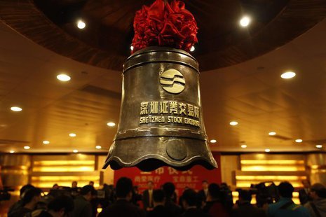 A bell bearing the logo of the Shenzhen Stock Exchange is seen during a companies listing ceremony in Shenzhen, Guangdong province February A bell bearing the logo of the Shenzhen Stock Exchange is seen during a companies listing ceremony in Shenzhen, Guangdong province February