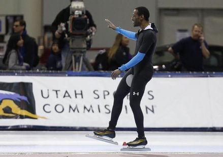 Dec 31, 2013; Kearns, UT, USA; First place finisher Shani Davis after he competes in the men's 1500m during the U.S. Olympic speedskating tr Dec 31, 2013; Kearns, UT, USA; First place finisher Shani Davis after he competes in the men's 1500m during the U.S. Olympic speedskating tr