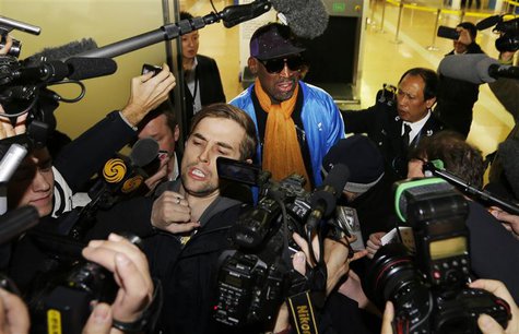 Former NBA basketball player Dennis Rodman speaks to the media upon his arrival from North Korea's Pyongyang, at Beijing Capital Internation Former NBA basketball player Dennis Rodman speaks to the media upon his arrival from North Korea's Pyongyang, at Beijing Capital Internation