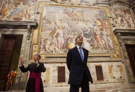 U.S. Secretary of State John Kerry (C) looks up towards an artwork during a tour of a section of the Vatican with Chief of Protocol Monsigno U.S. Secretary of State John Kerry (C) looks up towards an artwork during a tour of a section of the Vatican with Chief of Protocol Monsigno