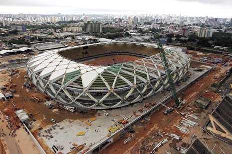 An aerial view of the Arena Amazonia stadium, under construction to host 2014 World Cup soccer matches, after work was suspended by a labor An aerial view of the Arena Amazonia stadium, under construction to host 2014 World Cup soccer matches, after work was suspended by a labor