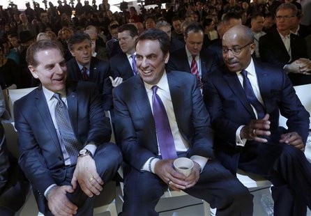 (L-R) Dave Leone, Chief Engineer for Cadillac; Mark Reuss, GM President of North America; and Ed Welburn, VP of GM Global Design, attend the (L-R) Dave Leone, Chief Engineer for Cadillac; Mark Reuss, GM President of North America; and Ed Welburn, VP of GM Global Design, attend the