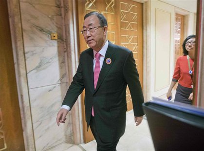 United Nations (U.N.) Secretary General Ban Ki-moon walks out to prepare to greet U.S. Secretary of State John Kerry (not pictured) before t United Nations (U.N.) Secretary General Ban Ki-moon walks out to prepare to greet U.S. Secretary of State John Kerry (not pictured) before t