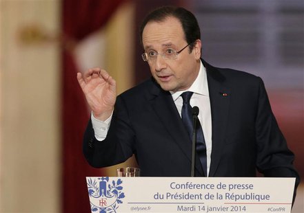 French President Francois Hollande answers a question during a news conference at the Elysee Palace in Paris, January 14, 2014. REUTERS/Phil French President Francois Hollande answers a question during a news conference at the Elysee Palace in Paris, January 14, 2014. REUTERS/Phil
