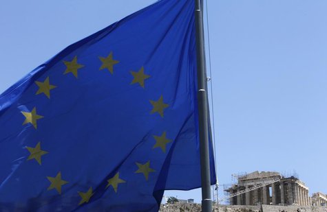 A European Union (E.U.) flag flutters in front of the monument of Parthenon on Acropolis hill in Athens June 17, 2012. REUTERS/John Kolesidi A European Union (E.U.) flag flutters in front of the monument of Parthenon on Acropolis hill in Athens June 17, 2012. REUTERS/John Kolesidi