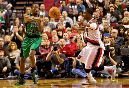 Boston Celtics shooting guard Jordan Crawford (27) passes away from Portland Trail Blazers shooting guard Wesley Matthews (2) at the Moda Ce Boston Celtics shooting guard Jordan Crawford (27) passes away from Portland Trail Blazers shooting guard Wesley Matthews (2) at the Moda Ce