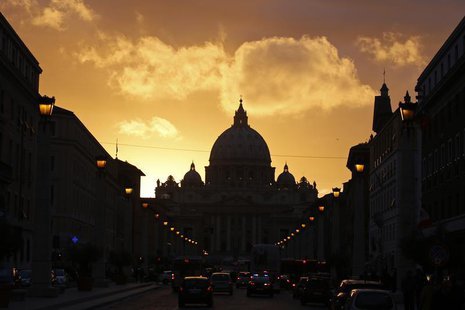 Saint Peter's Basilica at the Vatican is silhouetted during sunset in Rome, March 11, 2013. REUTERS/Paul Hanna Saint Peter's Basilica at the Vatican is silhouetted during sunset in Rome, March 11, 2013. REUTERS/Paul Hanna