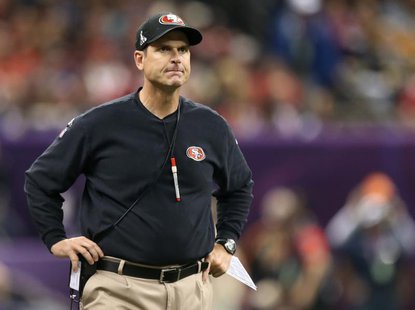 San Francisco 49ers head coach Jim Harbaugh looks on from the sidelines in the NFL Super Bowl XLVII football game against the Baltimore Rave San Francisco 49ers head coach Jim Harbaugh looks on from the sidelines in the NFL Super Bowl XLVII football game against the Baltimore Rave