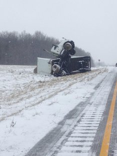 The tractor-trailer picture with the tractor standing upright is from the 30mm and no injuries reported.
provided by ISP 01-16-14 The tractor-trailer picture with the tractor standing upright is from the 30mm and no injuries reported.
provided by ISP 01-16-14