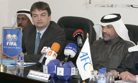 Asian Football Confederation's president, Mohammed Bin Hammam (R), and Jerome Champagne (2nd R) of FIFA, attend a meeting with Kuwaiti Clubs Asian Football Confederation's president, Mohammed Bin Hammam (R), and Jerome Champagne (2nd R) of FIFA, attend a meeting with Kuwaiti Clubs
