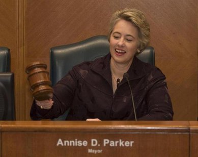 Houston Mayor Annise Parker wields the gavel to open her first session of City Council after being inaugurated in Houston January 4, 2010. R Houston Mayor Annise Parker wields the gavel to open her first session of City Council after being inaugurated in Houston January 4, 2010. R