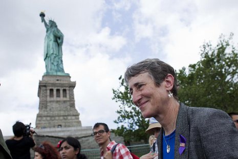 Secretary of the Interior Sally Jewell (R) takes a tour to the Statue of Liberty and Liberty Island during its reopening to the public in Ne Secretary of the Interior Sally Jewell (R) takes a tour to the Statue of Liberty and Liberty Island during its reopening to the public in Ne