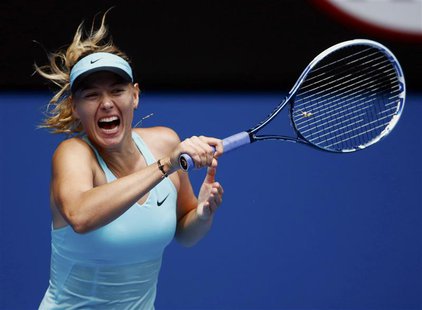 Maria Sharapova of Russia hits a return to Alize Cornet of France during their women's singles match at the Australian Open 2014 tennis tour Maria Sharapova of Russia hits a return to Alize Cornet of France during their women's singles match at the Australian Open 2014 tennis tour