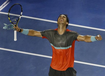 Rafael Nadal of Spain reacts after winning his men's singles match against Gael Monfils of France at the Australian Open 2014 tennis tournam Rafael Nadal of Spain reacts after winning his men's singles match against Gael Monfils of France at the Australian Open 2014 tennis tournam