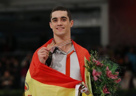 Gold medallist Javier Fernandez of Spain poses with medal after the Men Free Skating at the ISU European Figure Skating Championships in Bud Gold medallist Javier Fernandez of Spain poses with medal after the Men Free Skating at the ISU European Figure Skating Championships in Bud