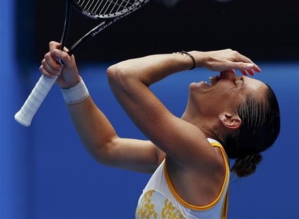 Flavia Pennetta of Italy celebrates defeating Angelique Kerber of Germany during their women's singles match at the Australian Open 2014 ten Flavia Pennetta of Italy celebrates defeating Angelique Kerber of Germany during their women's singles match at the Australian Open 2014 ten
