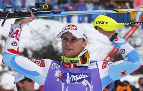 Alexis Pinturault of France celebrates after the men's World Cup slalom ski race in Wengen January 19, 2014. REUTERS/Ruben Sprich Alexis Pinturault of France celebrates after the men's World Cup slalom ski race in Wengen January 19, 2014. REUTERS/Ruben Sprich