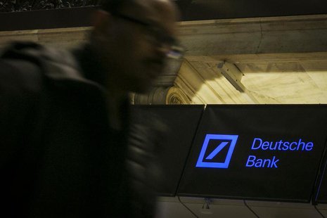 A Deutsche Bank sign is seen on the floor of the New York Stock Exchange January 15, 2014. REUTERS/Brendan McDermid A Deutsche Bank sign is seen on the floor of the New York Stock Exchange January 15, 2014. REUTERS/Brendan McDermid