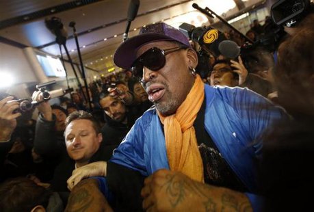 Retired U.S. basketball star Dennis Rodman is surrounded by journalists upon his arrival from North Korea's Pyongyang at Beijing Capital International Airport in this file photo taken January 13, 2014.
Credit: Reuters/Kim Kyung-Hoon/Files
Retired U.S. basketball star Dennis Rodman is surrounded by journalists upon his arrival from North Korea's Pyongyang at Beijing Capital International Airport in this file photo taken January 13, 2014.
Credit: Reuters/Kim Kyung-Hoon/Files