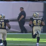 Darren Sharper returns an interception for a touchdown while a member of the New Orleans Saints. The former NFL player was arrested Friday on suspicion of rape. (Photo from: FOX 11). Darren Sharper returns an interception for a touchdown while a member of the New Orleans Saints. The former NFL player was arrested Friday on suspicion of rape. (Photo from: FOX 11).