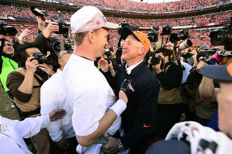 Denver Broncos quarterback Peyton Manning (18) and head coach John Fox celebrate the 26-16 victory against the New England Patriots followin Denver Broncos quarterback Peyton Manning (18) and head coach John Fox celebrate the 26-16 victory against the New England Patriots followin