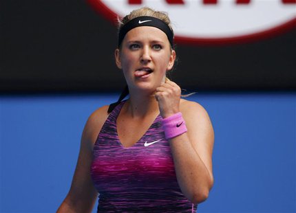 Victoria Azarenka of Belarus celebrates defeating Sloane Stephens of the U.S. during their women's singles match at the Australian Open 2014 Victoria Azarenka of Belarus celebrates defeating Sloane Stephens of the U.S. during their women's singles match at the Australian Open 2014