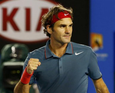 Roger Federer of Switzerland celebrates defeating Jo-Wilfried Tsonga of France during their men's singles match at the Australian Open 2014 Roger Federer of Switzerland celebrates defeating Jo-Wilfried Tsonga of France during their men's singles match at the Australian Open 2014