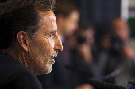 Vancouver Canucks new head coach John Tortorella talks to the media after he was introduced by Canucks General Manager Mike Gillis during a Vancouver Canucks new head coach John Tortorella talks to the media after he was introduced by Canucks General Manager Mike Gillis during a