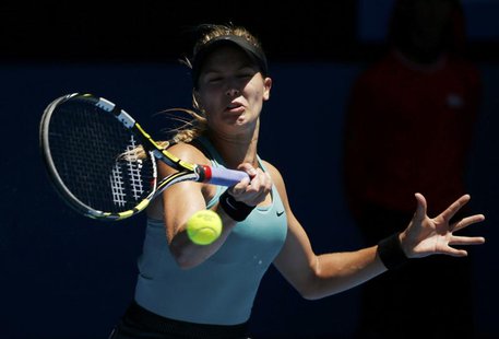 Eugenie Bouchard of Canada hits a return to Ana Ivanovic of Serbia during their women's quarter-final tennis match at the Australian Open 20 Eugenie Bouchard of Canada hits a return to Ana Ivanovic of Serbia during their women's quarter-final tennis match at the Australian Open 20