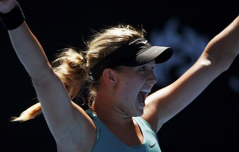Eugenie Bouchard of Canada celebrates defeating Ana Ivanovic of Serbia in their women's quarter-final tennis match at the Australian Open 20 Eugenie Bouchard of Canada celebrates defeating Ana Ivanovic of Serbia in their women's quarter-final tennis match at the Australian Open 20