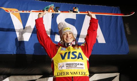 Jan 11, 2014; Park City, UT, USA; First place finisher Hannah Kearney of the United States takes the podium after women's FIS World Cup mogu Jan 11, 2014; Park City, UT, USA; First place finisher Hannah Kearney of the United States takes the podium after women's FIS World Cup mogu