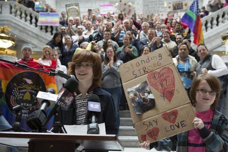 Brothers Riley (L) and Casey Hackford-Peer speak during a rally supporting same-sex marriage at the state capitol in Salt Lake City, Utah Ja Brothers Riley (L) and Casey Hackford-Peer speak during a rally supporting same-sex marriage at the state capitol in Salt Lake City, Utah Ja