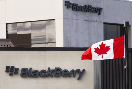 A Canadian flag waves in front of a Blackberry logo at the Blackberry campus in Waterloo, September 23, 2013. REUTERS/Mark Blinch A Canadian flag waves in front of a Blackberry logo at the Blackberry campus in Waterloo, September 23, 2013. REUTERS/Mark Blinch