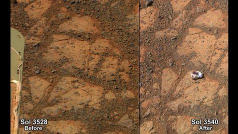 A NASA combination handout photograph shows the surface of Mars in front of the Mars rover on December 26, 2013 (L) and on January 8, 2014. A NASA combination handout photograph shows the surface of Mars in front of the Mars rover on December 26, 2013 (L) and on January 8, 2014.