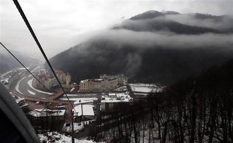The Rosa Khutor Alpine Resort is pictured from the cable car cabin during heavy rain in Krasnaya Polyana near Sochi January 21, 2014. REUTER The Rosa Khutor Alpine Resort is pictured from the cable car cabin during heavy rain in Krasnaya Polyana near Sochi January 21, 2014. REUTER
