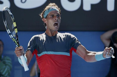Rafael Nadal of Spain reacts after winning the second set during his men's singles quarter-final tennis match against Grigor Dimitrov of Bul Rafael Nadal of Spain reacts after winning the second set during his men's singles quarter-final tennis match against Grigor Dimitrov of Bul