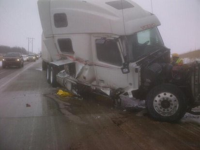 A crashed semi on Hwy. 41 near Hwy. 26 in the Oshkosh area, Jan. 22, 2014. (Photo from: FOX 11). A crashed semi on Hwy. 41 near Hwy. 26 in the Oshkosh area, Jan. 22, 2014. (Photo from: FOX 11).