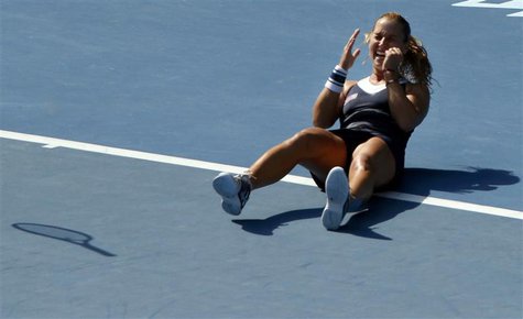 Dominika Cibulkova of Slovakia celebrates defeating Agnieszka Radwanska of Poland in their women's singles semi-final match at the Australia Dominika Cibulkova of Slovakia celebrates defeating Agnieszka Radwanska of Poland in their women's singles semi-final match at the Australia