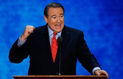 Former Arkansas Governor and former Republican presidential candidate Mike Huckabee speaks to delegates during the third session of the Repu Former Arkansas Governor and former Republican presidential candidate Mike Huckabee speaks to delegates during the third session of the Repu