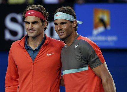 Roger Federer (L) of Switzerland poses for a photo with Rafael Nadal of Spain before their men's singles semi-final match at the Australian Roger Federer (L) of Switzerland poses for a photo with Rafael Nadal of Spain before their men's singles semi-final match at the Australian
