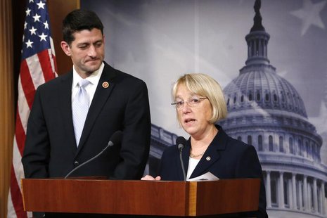 Senate Budget Committee chairman Senator Patty Murray (D-WA) (R) and House Budget Committee chairman Representative Paul Ryan (R-WI) hold a Senate Budget Committee chairman Senator Patty Murray (D-WA) (R) and House Budget Committee chairman Representative Paul Ryan (R-WI) hold a