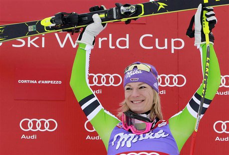 Maria Hoefl-Riesch of Germany celebrates on the podium after winning the women's FIS World Cup Downhill race in Cortina D'Ampezzo January 24 Maria Hoefl-Riesch of Germany celebrates on the podium after winning the women's FIS World Cup Downhill race in Cortina D'Ampezzo January 24