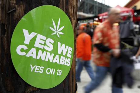 A sticker to support proposition 19, a measure to legalize marijuana in the state of California, is seen on a power pole in San Francisco, C A sticker to support proposition 19, a measure to legalize marijuana in the state of California, is seen on a power pole in San Francisco, C