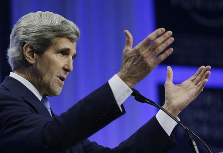 U.S. Secretary of State John Kerry delivers his speech at the World Economic Forum in Davos, Switzerland January 24, 2014. Kerry returns to U.S. Secretary of State John Kerry delivers his speech at the World Economic Forum in Davos, Switzerland January 24, 2014. Kerry returns to