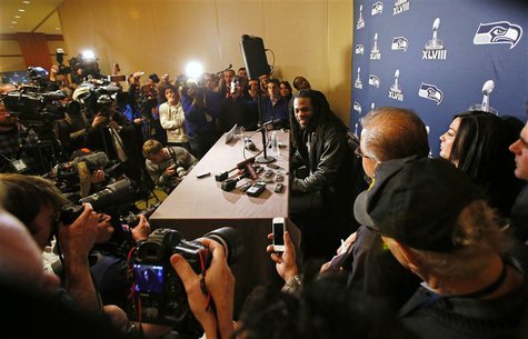 Seattle Seahawks cornerback Richard Sherman speaks during a news conference after the team's arrival for Super Bowl XLVIII against the Denve Seattle Seahawks cornerback Richard Sherman speaks during a news conference after the team's arrival for Super Bowl XLVIII against the Denve