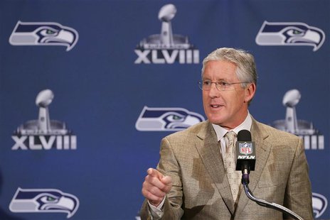 Seattle Seahawks head coach Pete Carroll speaks during a news conference after the team's arrival for Super Bowl XLVIII against the Denver B Seattle Seahawks head coach Pete Carroll speaks during a news conference after the team's arrival for Super Bowl XLVIII against the Denver B