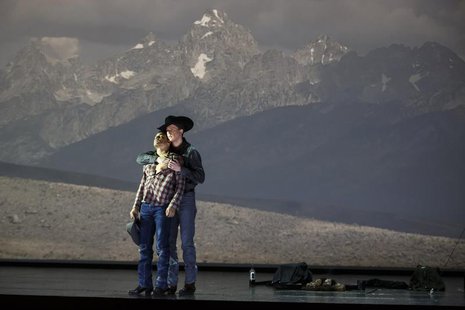 American tenor Tom Randle (Jack Twist) (L), and Canadian bass-baritone Daniel Okulitch (Ennis del Mar), perform during a dress rehearsal of American tenor Tom Randle (Jack Twist) (L), and Canadian bass-baritone Daniel Okulitch (Ennis del Mar), perform during a dress rehearsal of