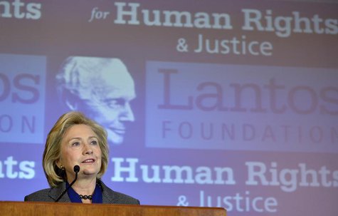 Former U.S. Secretary of State Hillary Clinton makes remarks after receiving the 2013 Tom Lantos Human Rights Prize from the Lantos Foundati Former U.S. Secretary of State Hillary Clinton makes remarks after receiving the 2013 Tom Lantos Human Rights Prize from the Lantos Foundati